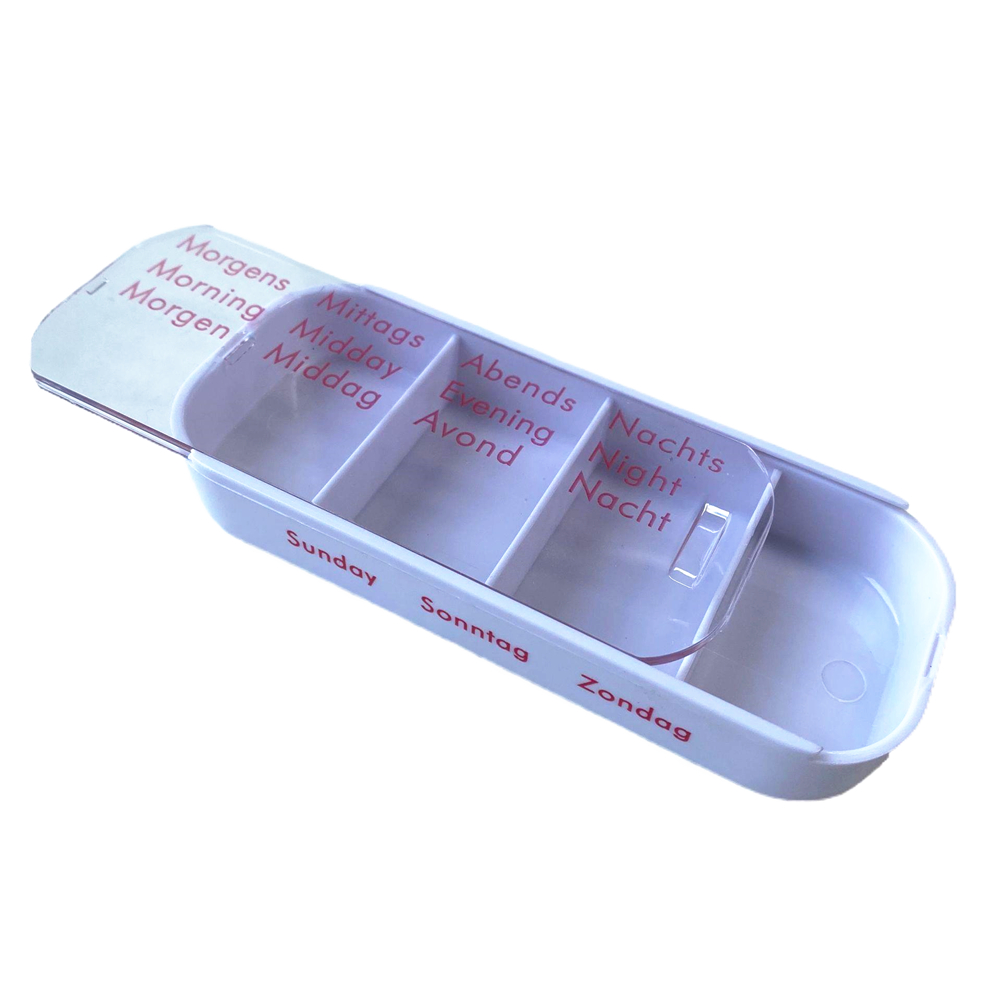 Pastillero de plástico para medicamentos de viaje de 7 días y 28 compartimentos