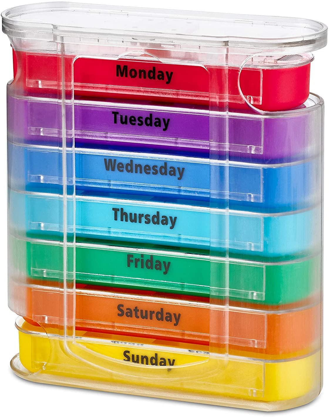 Colorido dispensador semanal de pastillas cuatro veces al día con compartimentos apilables